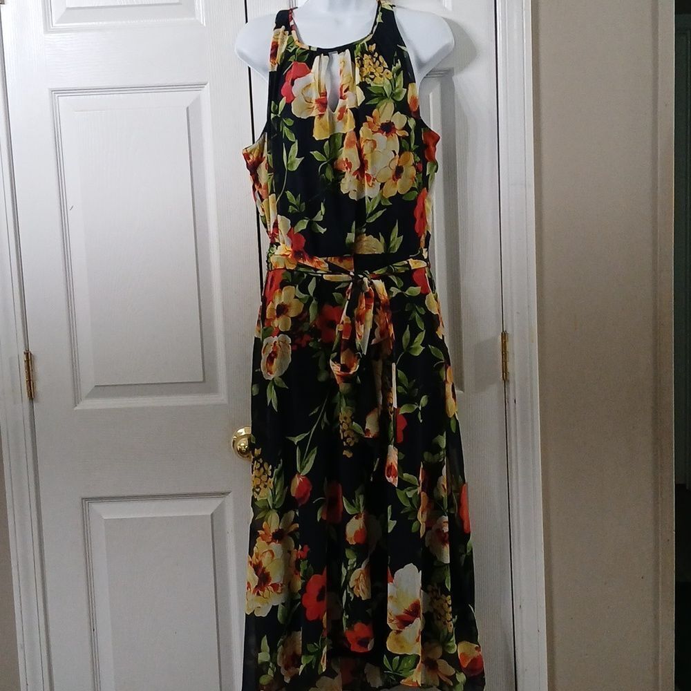 Chetta B. maxi navy and floral print sleeveless dress summer party  Sz 16 NWOT